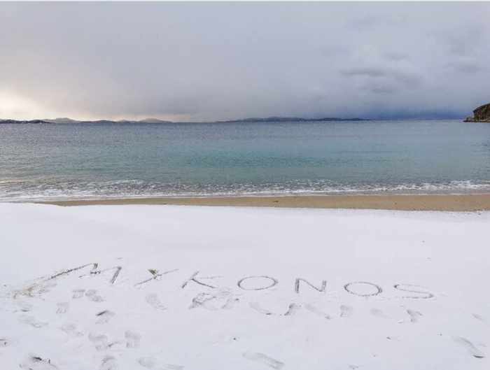Snowy Mykonos beach photo shared on Instagram by o_lofos