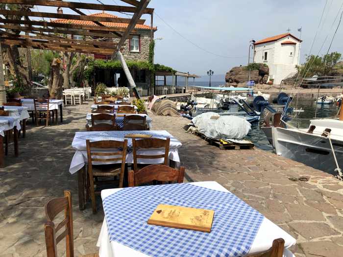 taverna tables at Skala Sykaminias on Lesvos