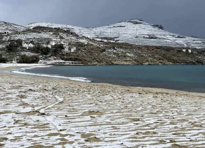 snow at Kalafatis beach on Mykonos