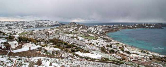 Ornos Bay and Agios Ioannis beach Mykonos after a snowfall
