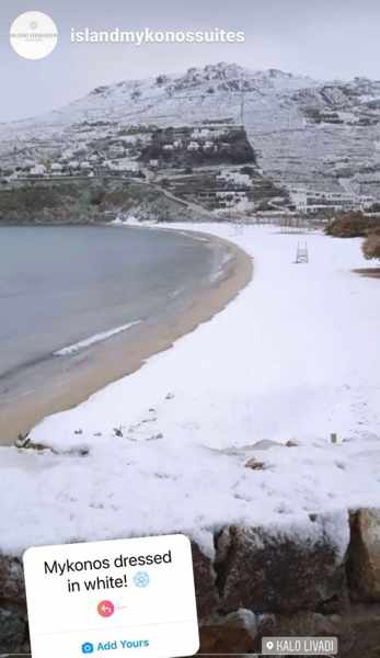 snow on Kalo Livadi beach Mykonos