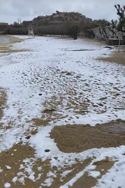 Snow on Paraga beach on Mykonos