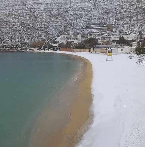 snow on Psarou beach Mykonos