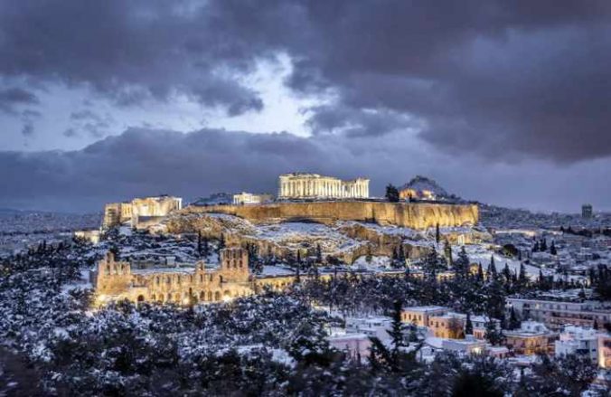 agispeterson Instagram photo of snow on the Athens Acropolis