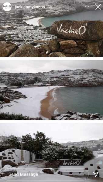 Snowfall at JackieO Beach Club and Super Paradise beach on Mykonos