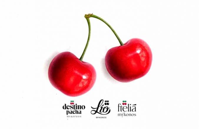 The trademark cherry logo for the Destino Pacha Mykonos hotel and clubs
