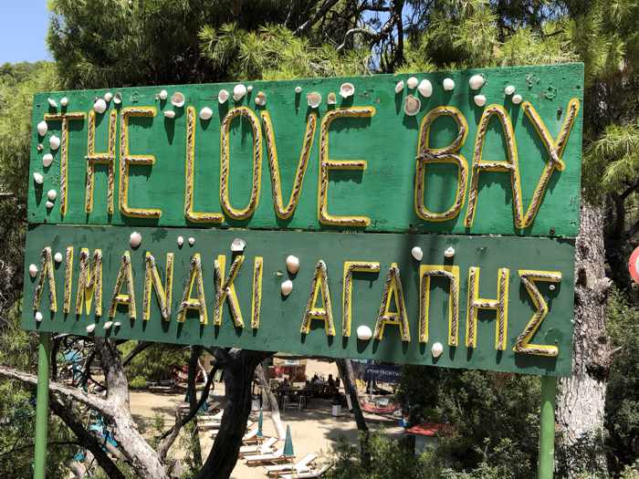 The Love Bay sign on Poros island