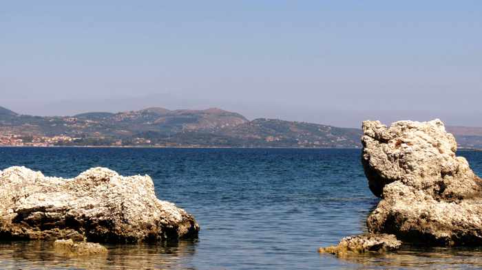 Kalamia beach view toward Lixouri on Kefalonia 