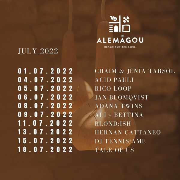 Alemagou beach club on Mykonos July 1 to 18 schedule of DJ events