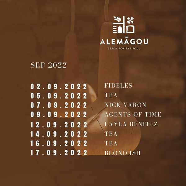 Alemagou beach club on Mykonos September 2 to 17 2022 schedule of DJ events