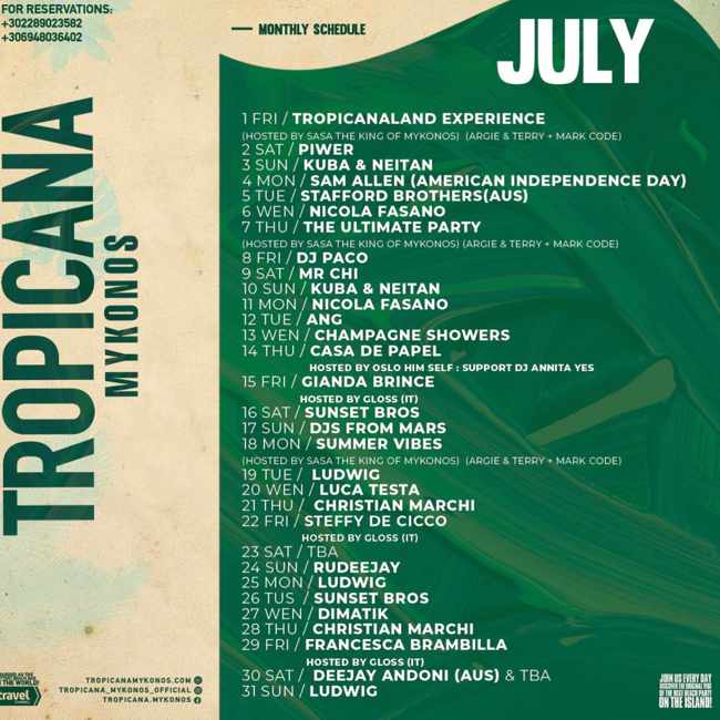 July 2022 party events calendar for Tropicana beach club on Mykonos