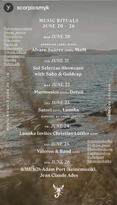 June 20 to 26 music ritual schedule at Scorpios beach club on Mykonos