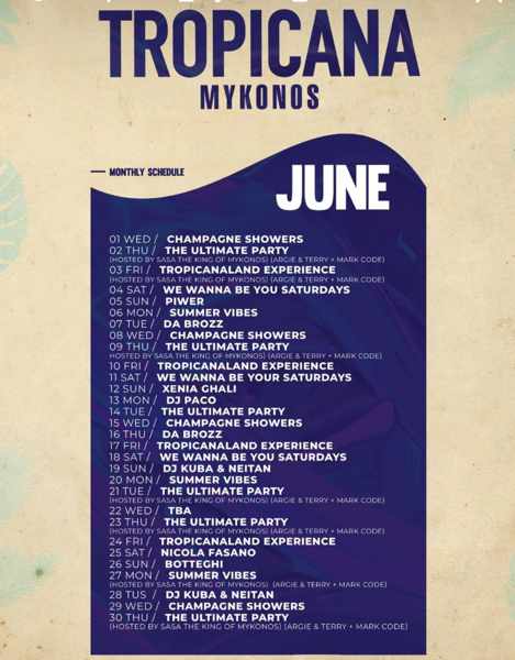 June 2022 party schedule for Tropicana beach club on Mykonos