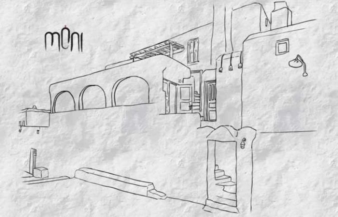 A sketch of the building housing Moni nightclub on Mykonos