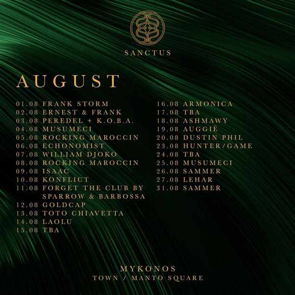 Sanctus club Mykonos DJ roster for August 2022