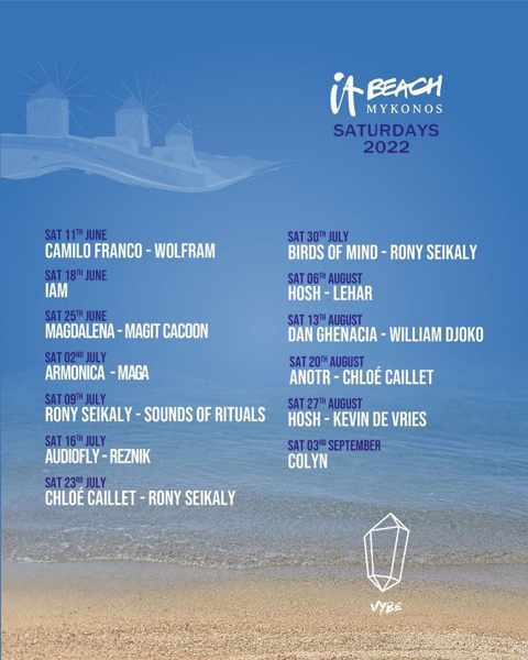Schedule of Saturday parties at ITBeach Mykonos during summer 2022