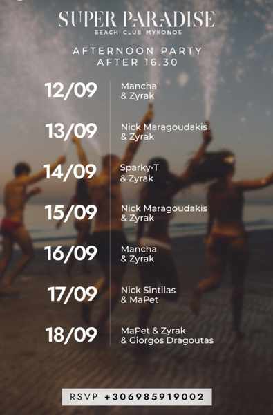 September 12 to 18 DJ schedule at Super Paradise Beach Club on Mykonos