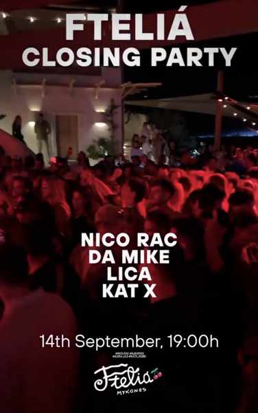 September 14 2022 season closing party announcement for Ftelia Pacha Mykonos beach club