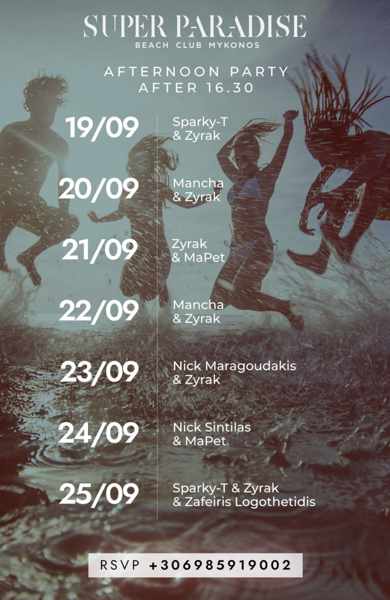 September 19 to 25 DJ schedule at Super Paradise Beach Club on Mykonos
