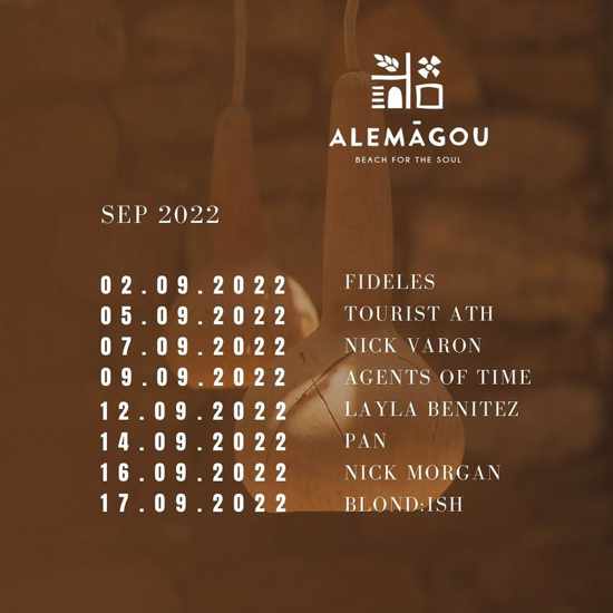 September 2022 DJ roster for Alemagou beach club on Mykonos