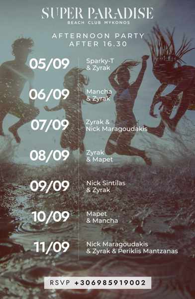 September 5 to 11 events at Super Paradise beach club on Mykonos