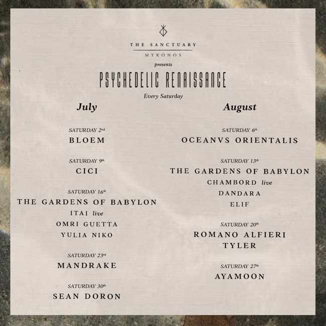 The Sanctuary Mykonos Saturday events schedule for summer 2022