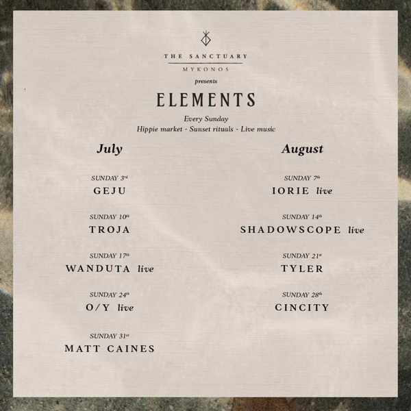 The Sanctuary Mykonos schedule of Elements events on Sundays during summer 2022