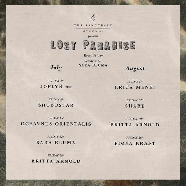The Sanctuary Mykonos schedule of Lost Paradise events on Fridays during summer 2022