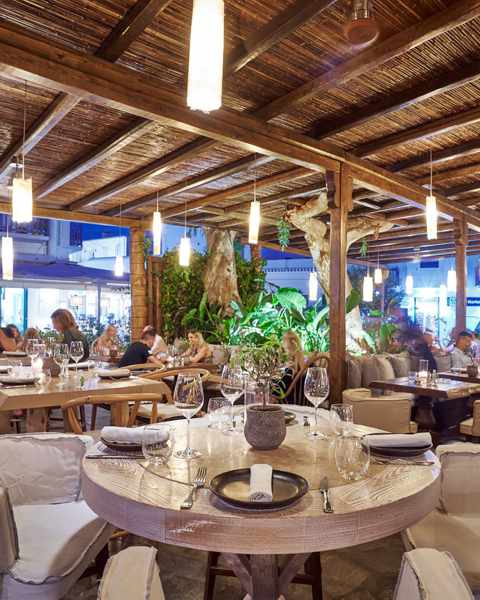 Dining patio at Aglio e Olio Mykonos