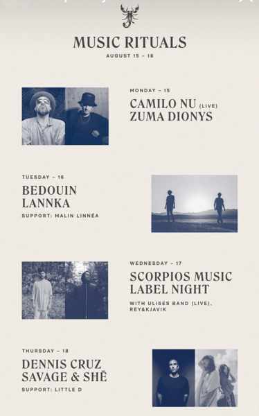 August 15 to 18 music rituals at Scorpios Mykonos