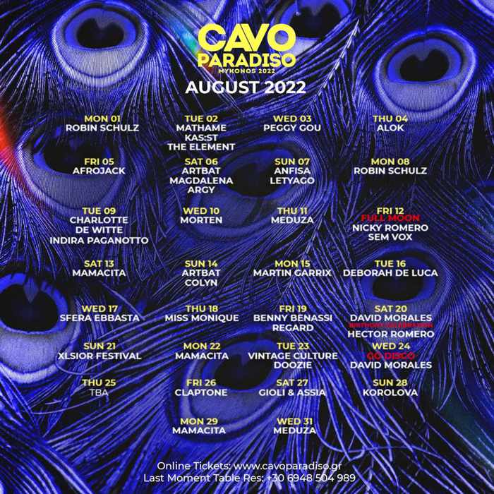 August 2022 DJ and events lineup for Cavo Paradiso club on Mykonos