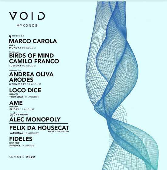 August 8-14 DJ schedule at Void Mykonos