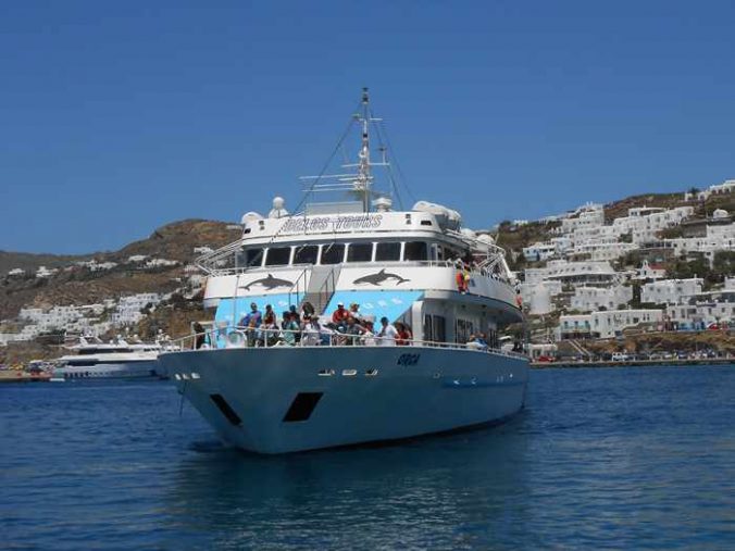 The Delos Tours ferry boat Orca at Mykonos Town