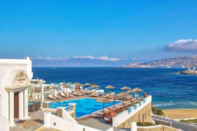 a view of the Grand Beach Mykonos Hotel
