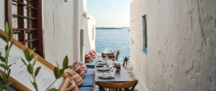 Alley dining area at Kastro's in Mykonos Town