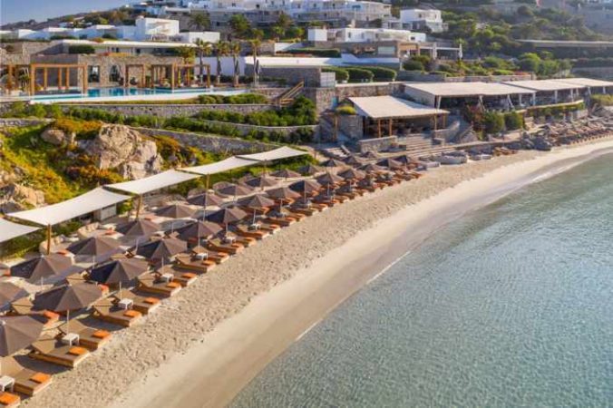 Aerial view of the Santa Marina Mykonos luxury resort beachfront