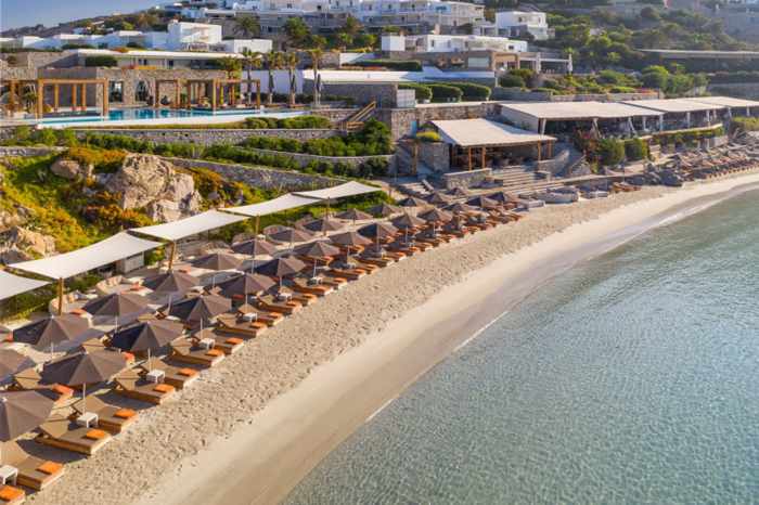 Aerial view of the Santa Marina Mykonos luxury resort beachfront