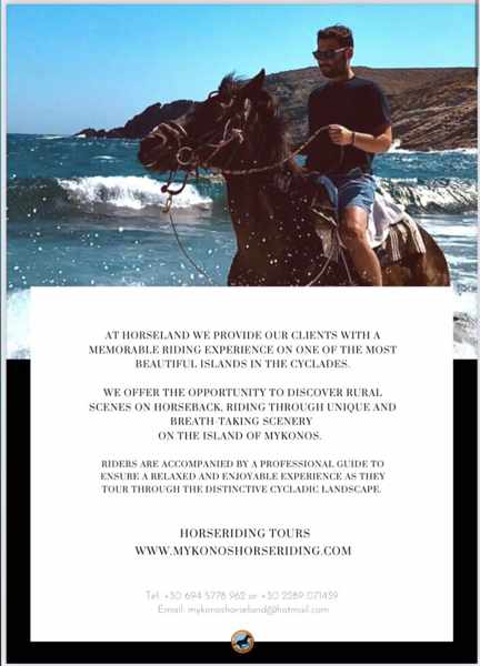 A promotional image for Mykonos Horseland horseback riding tours and activities