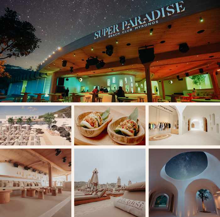 a collage of photos of Super Paradise Beach Club on Mykonos