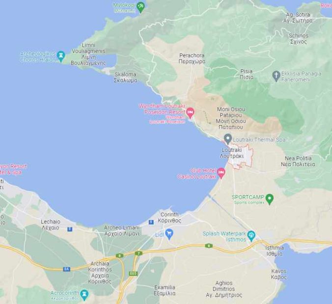 Google map of the Loutraki and Corinth areas of Greece