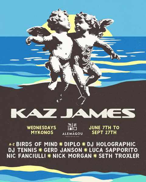 Alemagou beach club on Mykonos presents Kaz James & Friends on Wednesdays during summer 2023