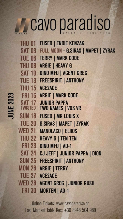 June 2023 DJ schedule for Cavo Paradiso club on Mykonos